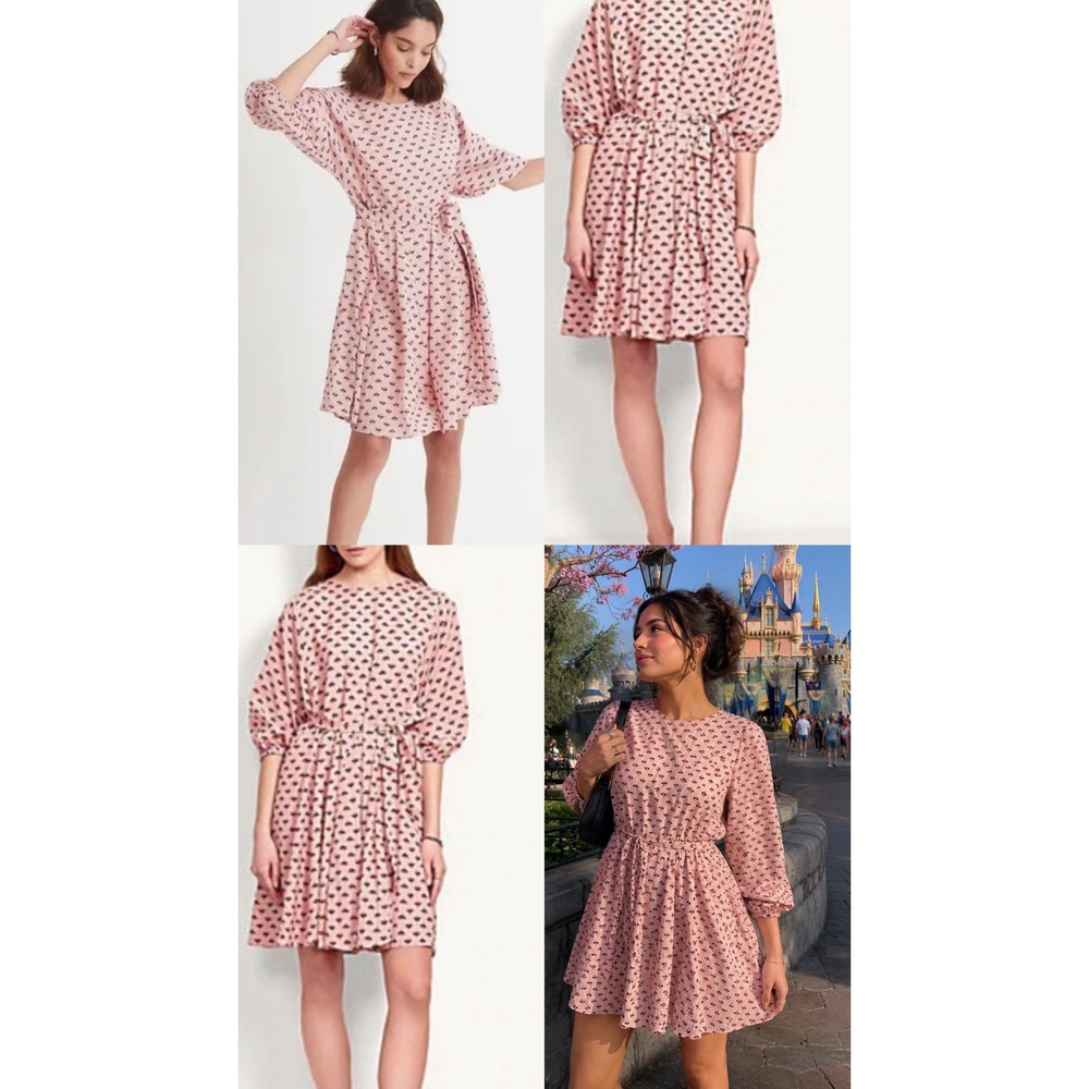 Ann Taylor Pink Floral Bud Print Fit & Flare Dress Puff Sleeve Womens Large